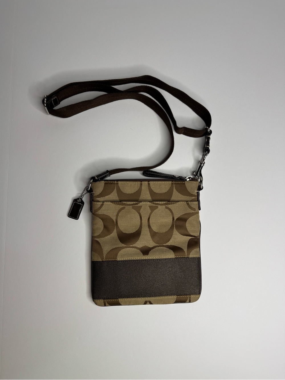 Coach Signature Crossbody Bag Khaki Brown Canvas Adjustable Strap